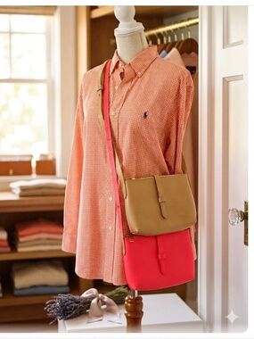 2 pc LOT J.Crew Parker Crossbody Bag Purse Tan, Neon Flame Smooth Leather Bundle